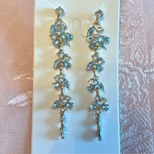 NWT Turquoise Blue Glass White Rhinestone Handmade Dangle Earrings